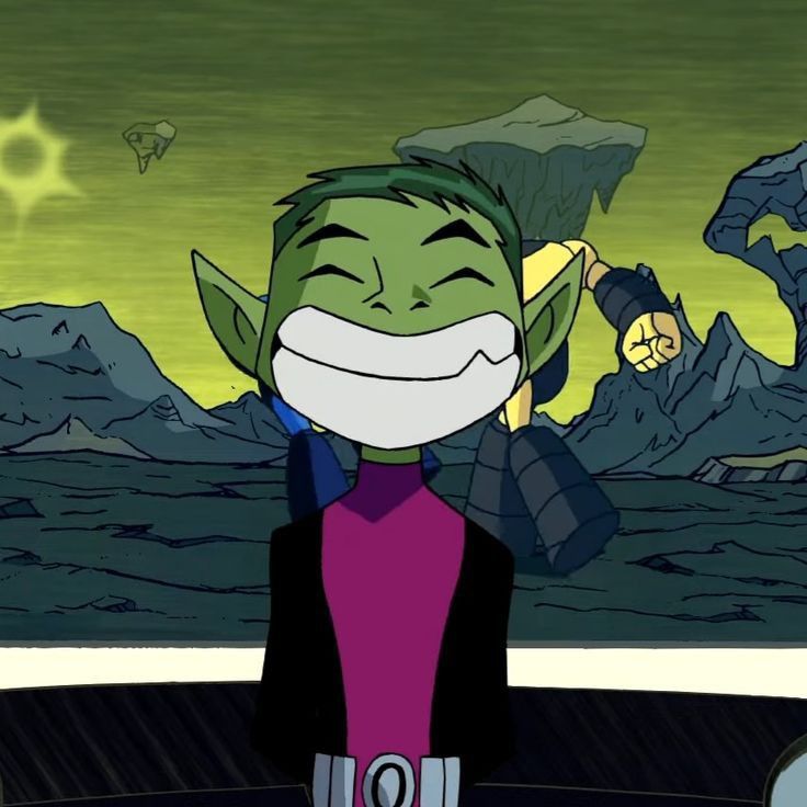 a cartoon character with green hair and an evil smile on his face, standing in front of mountains