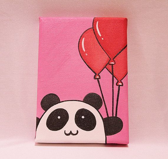 a painting of a panda bear with balloons on it's back and pink background