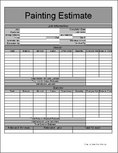 the printable worksheet for painting estinate