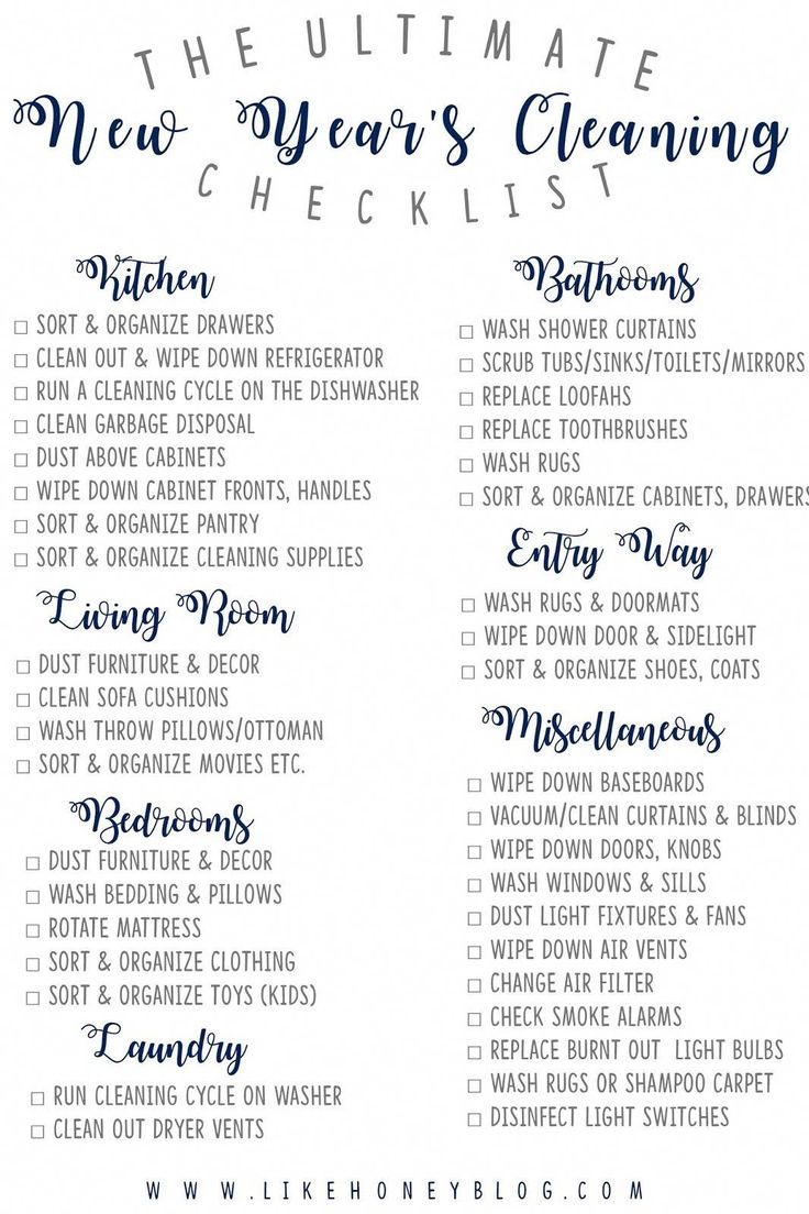 the ultimate new year's cleaning checklist is shown in blue ink on white paper