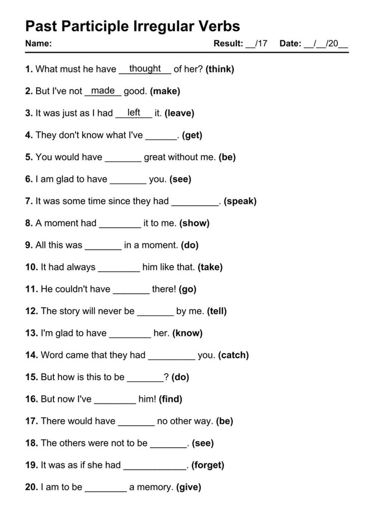 Past Participle Irregular Exercises PDF Worksheet with Answers - Test 1 ...