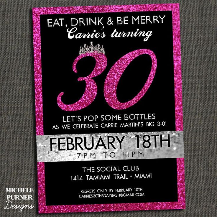 pink and black 30th birthday party card with the number 30 on it's front