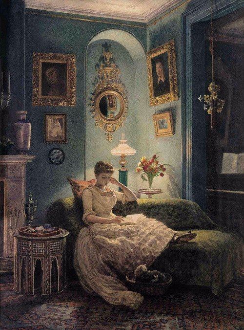 a painting of a woman reading in her bedroom