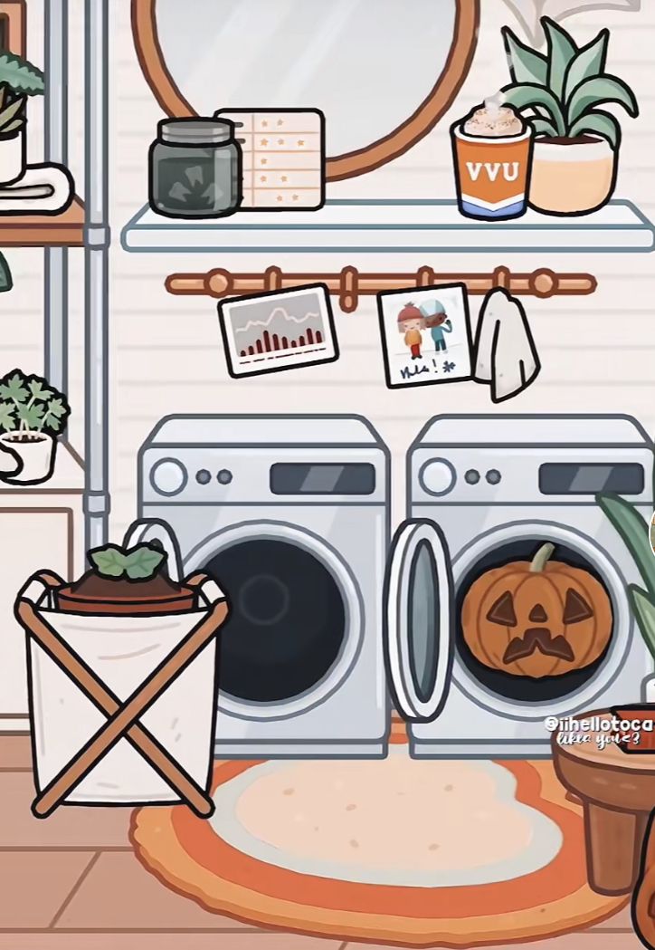 an illustration of a washer and dryer in a room with potted plants