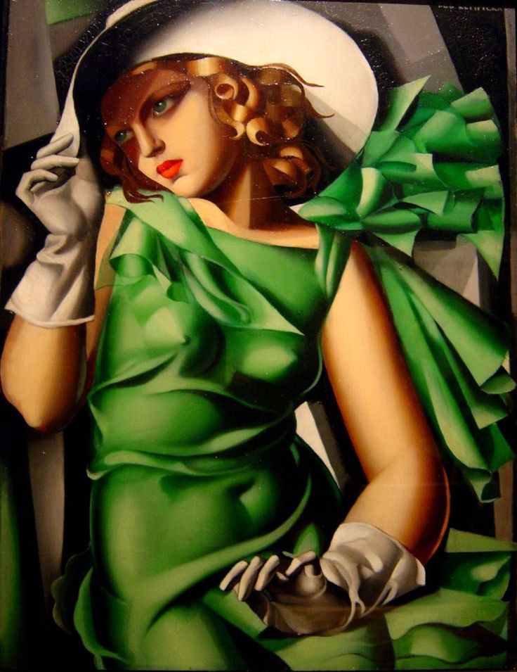 a painting of a woman wearing a green dress and white hat