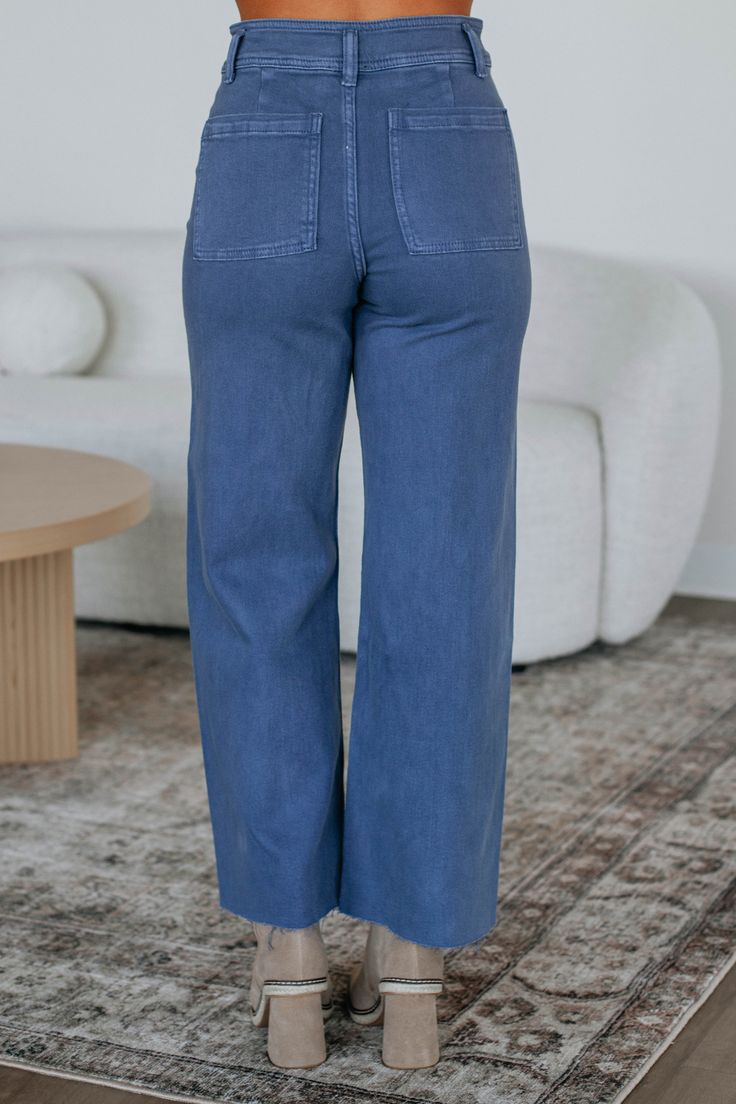 Details: Linsley Wide Leg Pants High Rise Zip Fly Button Closure Wide Leg Denim Material Minimal Stretch Raw Edge Frayed Hems Available in Multiple Colors Rise: 12" Inseam: 28" Material: 98% Cotton and 2% Spandex We are recommending: Small - Sizes (24-25) Medium - Sizes (26-27) Large - Sizes (28-29) Athleisure Shorts, Curvy Jeans, Denim Material, Shoes With Jeans, Blue Pants, Wide Leg Denim, Slate Blue, Cardigan Jacket, Raw Edge