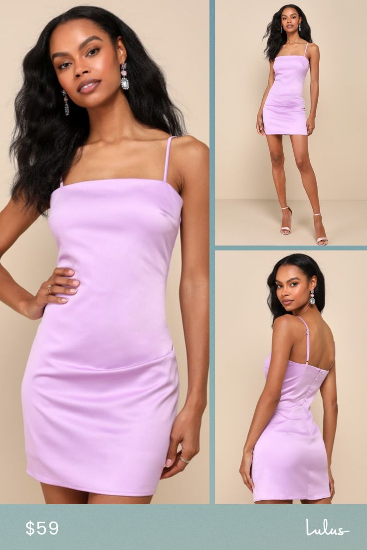 You'll be the chicest cutie on the dance floor with a luxe look like the Lulus Ideal Perfection Lavender Satin Sleeveless Mini Dress! Sleek woven satin shapes this flirty lil' dress that features a sleeveless darted bodice and a simple straight neckline, all supported by adjustable spaghetti straps. The figure-skimming, bodycon silhouette features flattering pleated detailing at the side and finishes at a cute mini hem. Hidden back zipper/clasp. Fit: This garment fits true to size. Length: Mid-t Chic Fitted Satin Dress With Square Neck, Purple Satin Dress With Spaghetti Straps, Feminine Sleeveless Party Slip Dress, Spring Party Satin Dress With Square Neck, Fitted Satin Summer Prom Dress, Sleeveless Satin Slip Dress For Spring, Fitted Satin Dress For Summer Prom, Spring Sleeveless Satin Slip Dress, Fitted Satin Square Neck Summer Dress