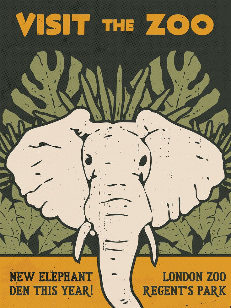 an elephant is standing in front of some trees and plants with the words visit the zoo on it