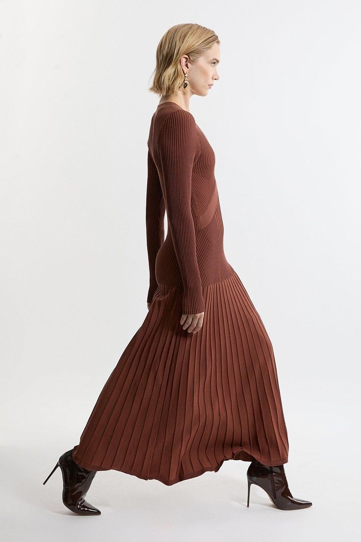 V Neck Elevated Rib Knit Full Skirt Midi Dress Brown Ribbed Midi Sweater Dress, Brown Ribbed Stretch Dresses, Brown V-neck Ribbed Dress, Brown Ribbed Knit Dress, Brown Ribbed Spring Dress, Spring Brown Ribbed Midi Dress, Brown Ribbed Sweater Dress For Spring, Spring Brown Ribbed Sweater Dress, Ribbed Brown Dress For Fall