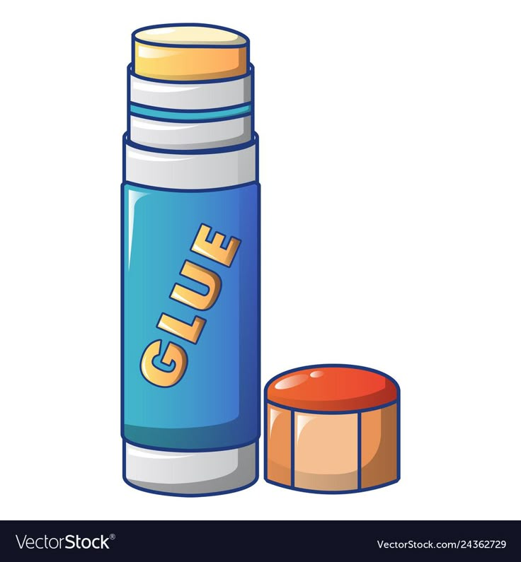 a blue bottle with the word glue on it next to an orange pillbox or container