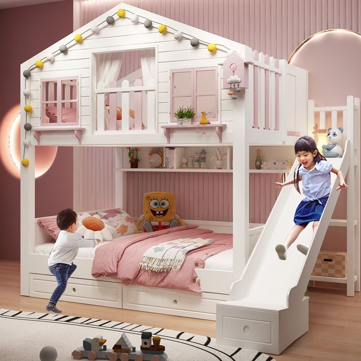 two children playing in a pink bedroom with a white bunk bed and slide for climbing