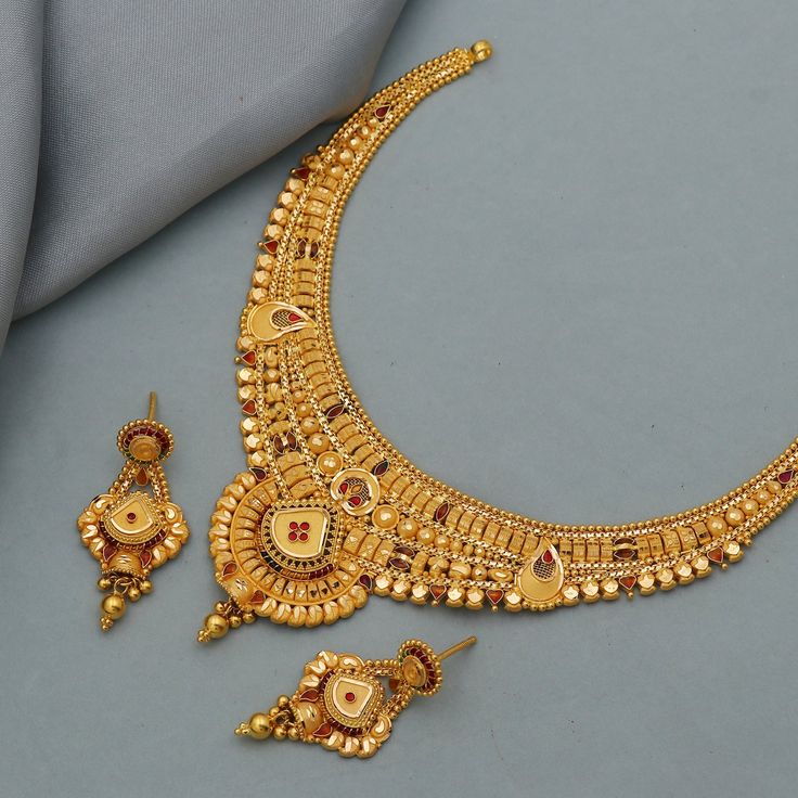 Discover the allure of Handmade Gold Jewelry at https://morvijewels.etsy.com/   Get a dazzling 25% off on all our 22k and 18k gold pieces. Don't miss out on this limited-time offer. Shop now and embrace the radiance of gold! Beautiful yellow gold handmade necklace earrings set Metal - Yellow Gold Gold Purity- 22 karat yellow Gold Set Weight - 34.59 grams approx Length - Necklace 12.3 cm, Earrings 4.4 cm approx Width - Necklace 5.4 cm, Earrings 2.6 cm approx Only earrings weight - 9.35 grams approx The earrings comes with normal backs, if you want real gold screw please contact                                                  Click to see more https://www.etsy.com/in-en/shop/morvijewels?ref=seller-platform-mcnav minimalist, eternity, infinity, karma, cabochon, statement, chunky, ethnic, bij Festive 22k Yellow Gold Jewelry, Festive 22k Gold Yellow Jewelry, 22k Gold Temple Jewelry In Yellow, 22k Gold Yellow Temple Jewelry, Yellow 22k Gold Temple Jewelry, 22k Yellow Gold Jewelry Sets For Puja, Yellow Gold Plated Jewelry For Diwali, 22k Gold Jewelry Sets For Puja And Festivals, 22k Gold Jewelry Sets For Festivals