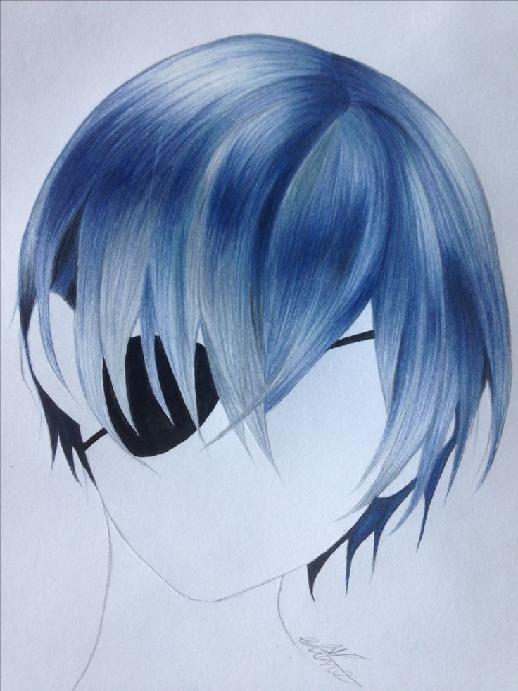 a drawing of a girl with blue hair