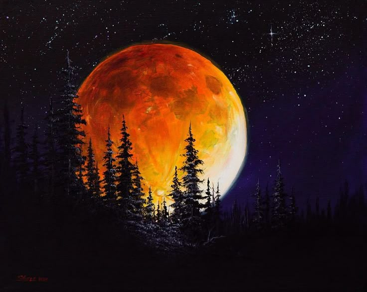 a painting of a full moon with trees in the foreground and stars in the background