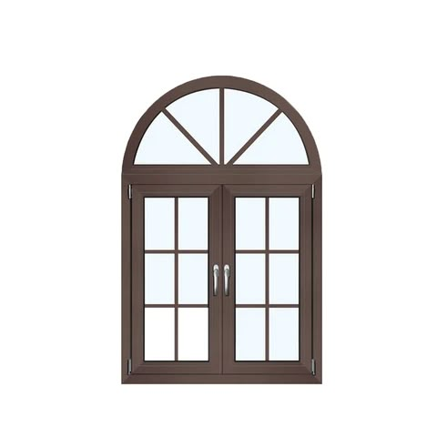 an arched window with two panes on the top and bottom, in dark brown