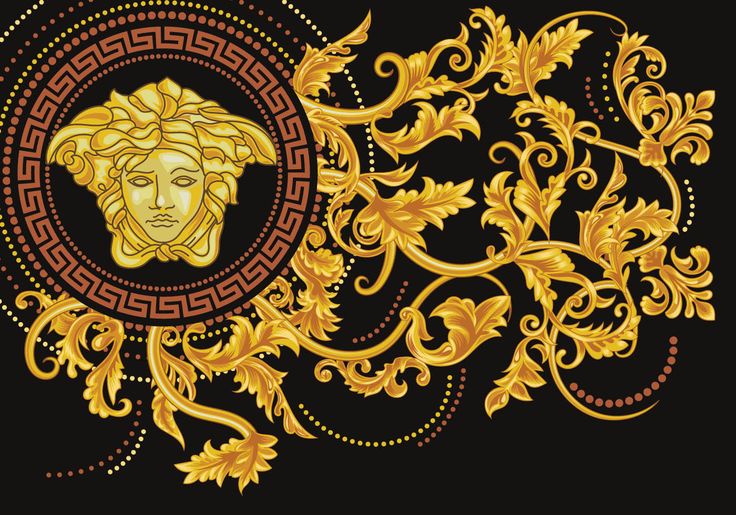 the golden head of medusa in an ornate frame with leaves and vines on black background