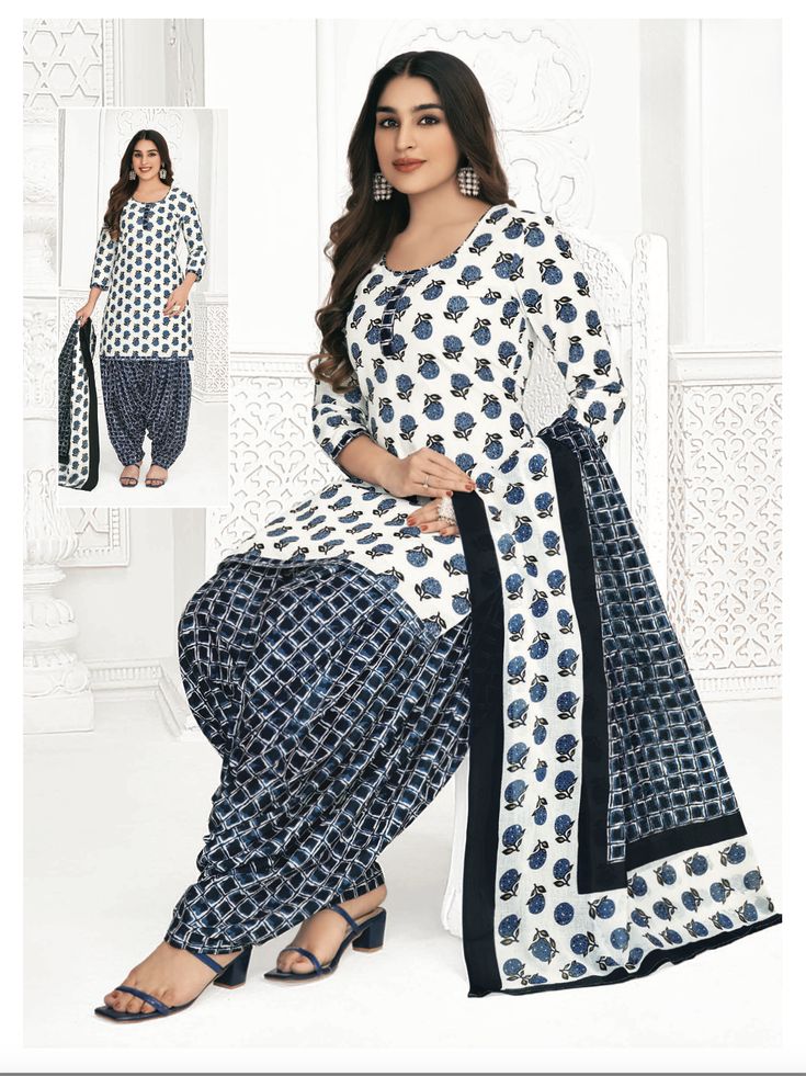 Maher Cotton Printed Patiala Suit Readymade soft cotton fabric. Comes with dupatta and Patiala pant. Sleeves attached as per image. Stay stylish and comfortable with this Maher Patiala Suit. Crafted from soft cotton fabric, this colorful suit is designed to flatter your silhouette and has a printed pattern for subtle flair. Perfect for everyday wear. White Cotton Palazzo Set With Dupatta, White Lawn Suit With Printed Motifs For Navratri, White Bollywood Cotton Palazzo Set, Bollywood Style White Cotton Palazzo Set, White Salwar Kameez With Kalamkari Print For Navratri, White Cotton Churidar With Block Print, Blue Cotton Palazzo Set For Navratri, Cotton Blue Bandhani Print Palazzo Set, Blue Cotton Bandhani Print Palazzo Set