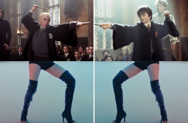 two pictures of harry potter, one with her leg in the air and another with her arm out