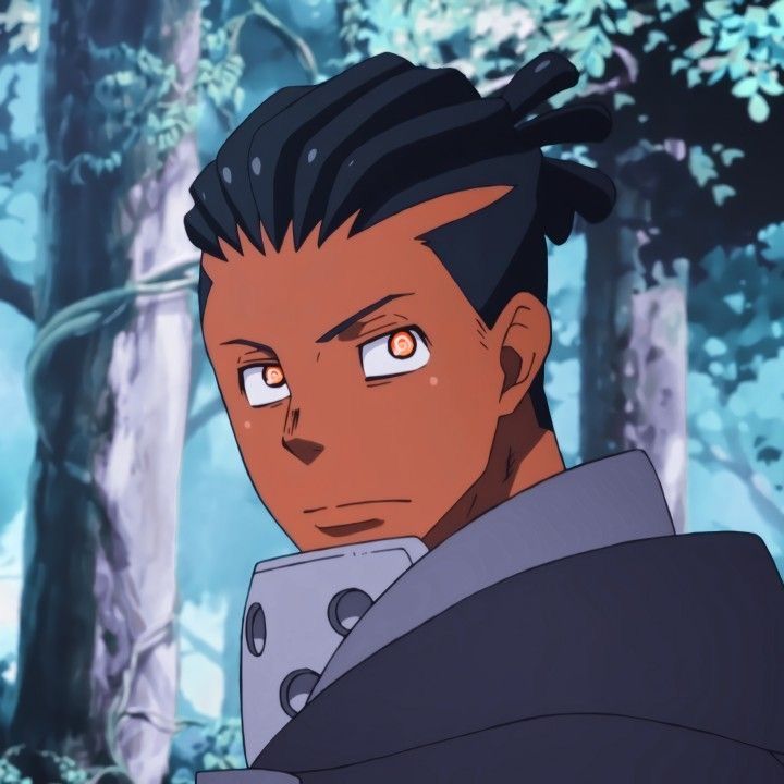 an anime character looking at the camera in front of some trees and bushes with orange eyes