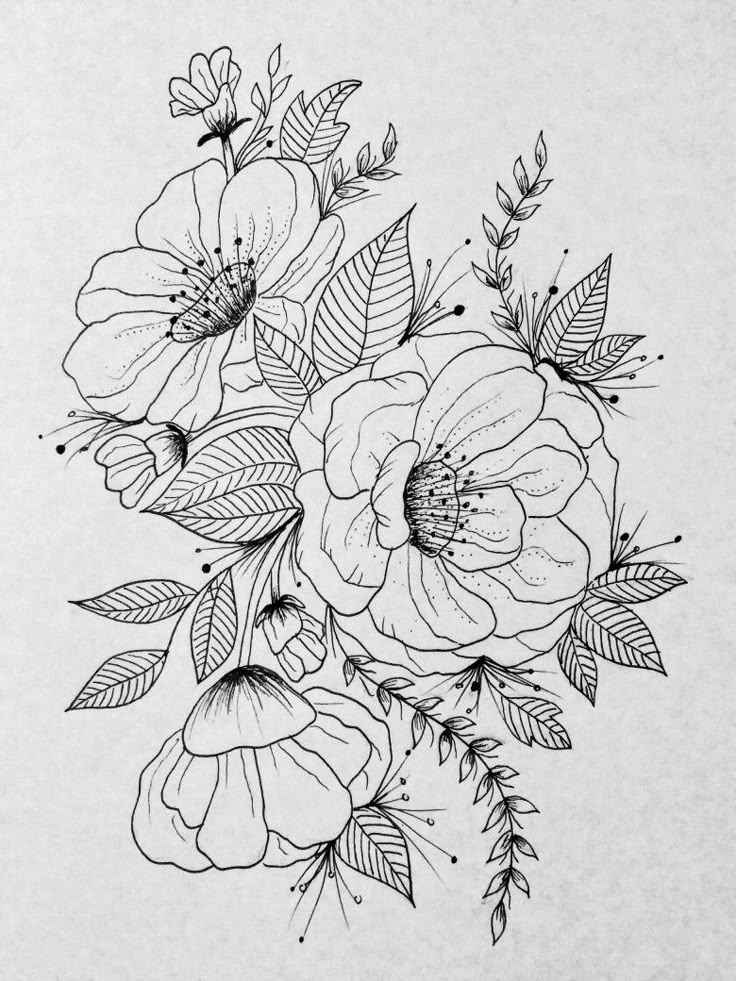 a drawing of some flowers with leaves on it