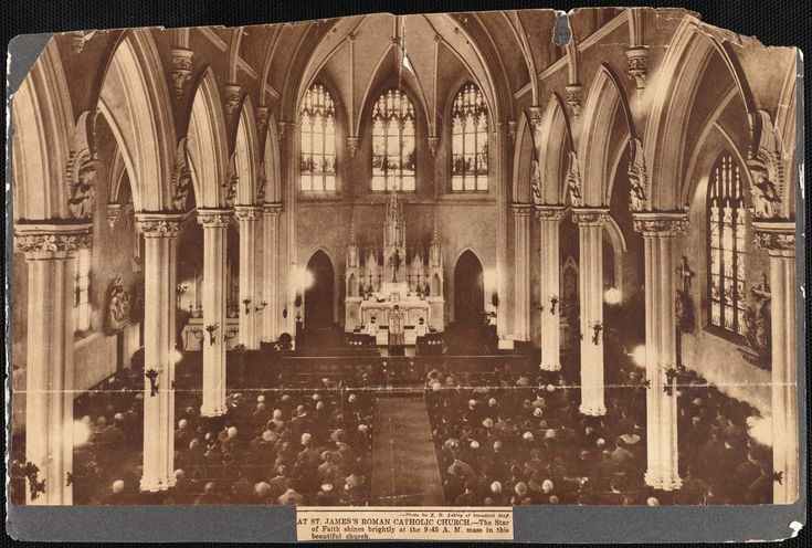 an old black and white photo of a church with pews in the front row