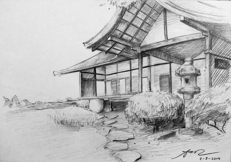 a pencil drawing of a house in the countryside