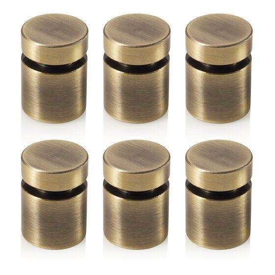 six brass knobs with black inserts on each one side and the other end