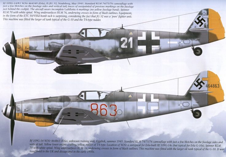 Messerschmitt Bf 109 G-14s Profiles from: Bf 109 Late Versions: Camouflage & Markings by Krzysztof Wolowski Messerschmitt Me 262, Me 109, Luftwaffe Planes, Germany Ww2, Messerschmitt Bf 109, Bf 109, Air Force Aircraft, Ww2 Planes, Wwii Aircraft