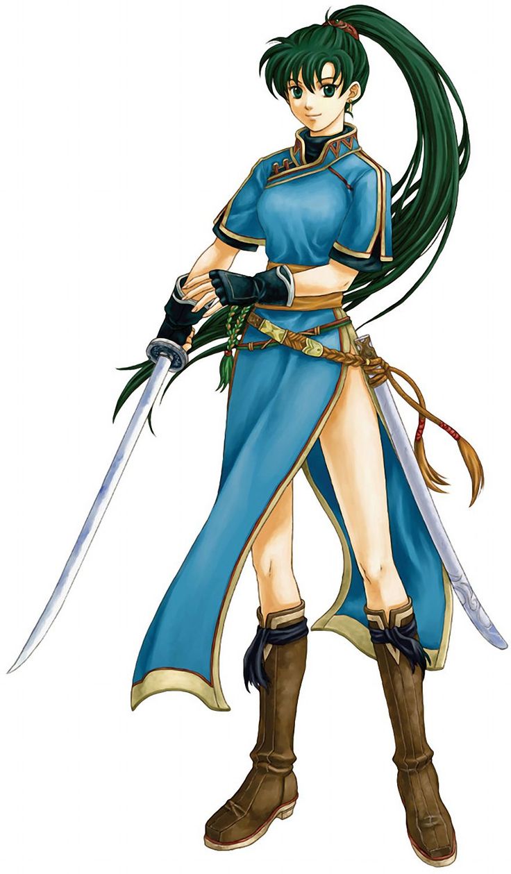 an anime character with green hair and blue outfit holding two large swords in her hands