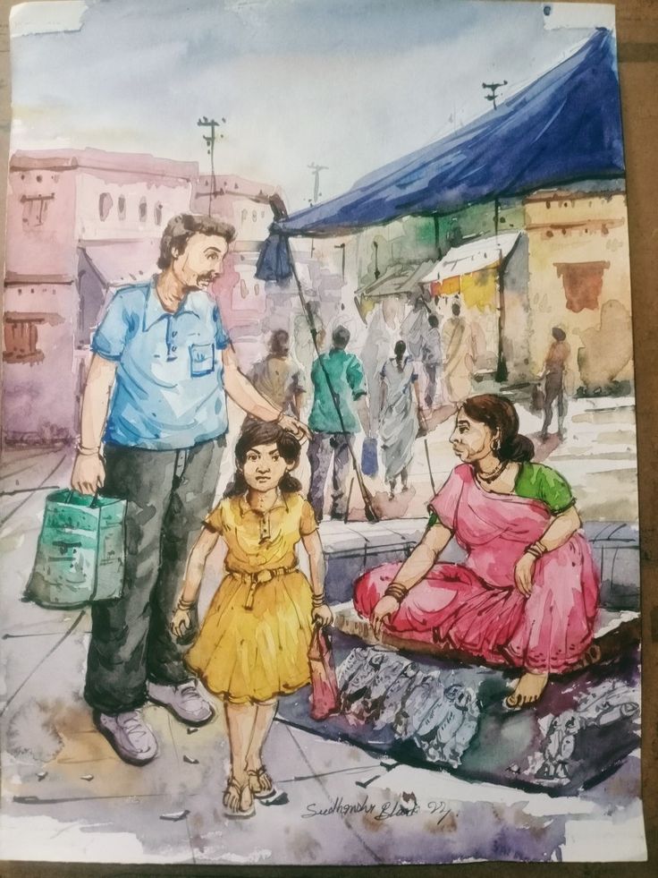 a painting of a man and two women walking down the street with their child in front of them