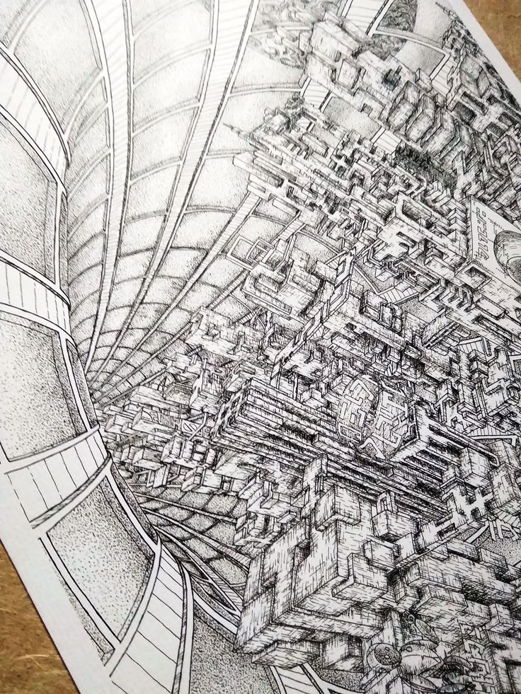 a drawing of a city with lots of buildings and streets in the middle of it