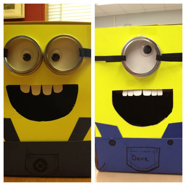 three different pictures of a minion made out of cardboard boxes with eyes, nose and mouth