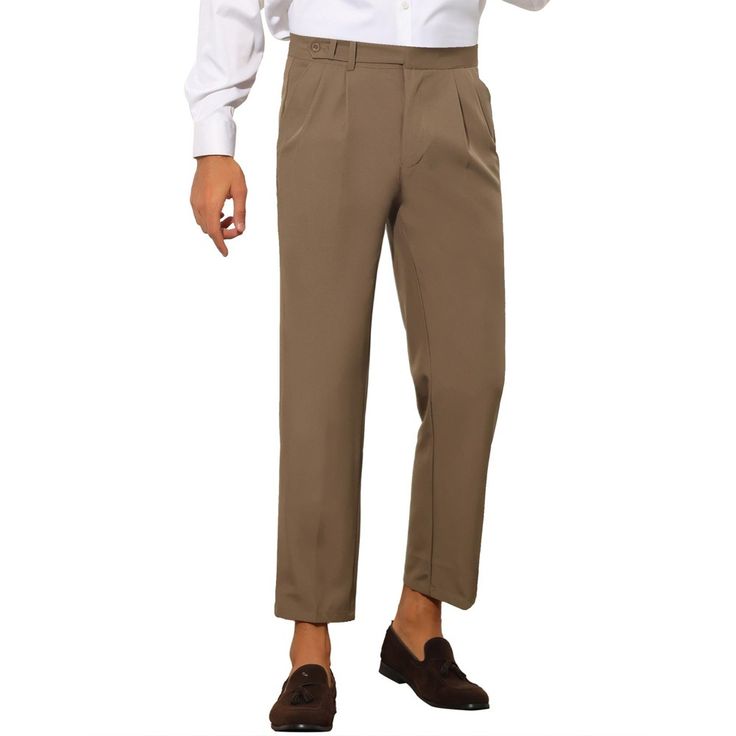 Crafted from 95% polyester and 5% spandex, these Lars Amadeus cropped dress pants offer a slim fit and a modern, stylish look. The solid color and pleated front add a touch of sophistication, making them suitable for various occasions such as weddings, business meetings, and daily casual wear. These pants can be easily paired with dress shirts, T-shirts, or polo shirts to create both casual and professional styles. Lightweight and comfortable, they are perfect for any wardrobe. Solid Semi-formal Dress Pants With Pockets, 4-way Stretch Ankle-length Dress Pants, Solid Dress Pants With Tapered Leg And Welt Pockets, Solid Dress Pants With Welt Pockets And Tapered Leg, Fitted Ankle-length Pants With Pleated Waist, Slim Fit Solid Dress Pants With Welt Pockets, Solid Slim Fit Dress Pants With Flat Front, Business Casual Pleated Ankle-length Bottoms, Fitted Tapered Leg Pants With Pleated Waist