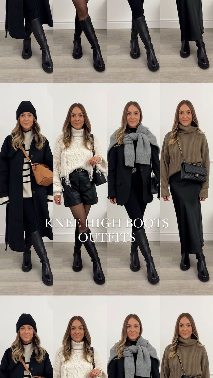 10 ways to wear knee high flat boots 🖤 which look is your favourite?! All of my outfits are shoppable on my Shop.ltk (link in my bio) ✨ | Instagram Autumn Outfits Boots Fall Fashion, Knee High Outfit Boots Black, Winter Outfit With Knee High Boots, Looks With Knee High Boots, Black Knee Length Boots Outfit, Knee High Boot Work Outfit, Knee High Boots Casual Outfit, Flat Knee High Boots Outfit Winter, Black Under Knee Boots Outfit