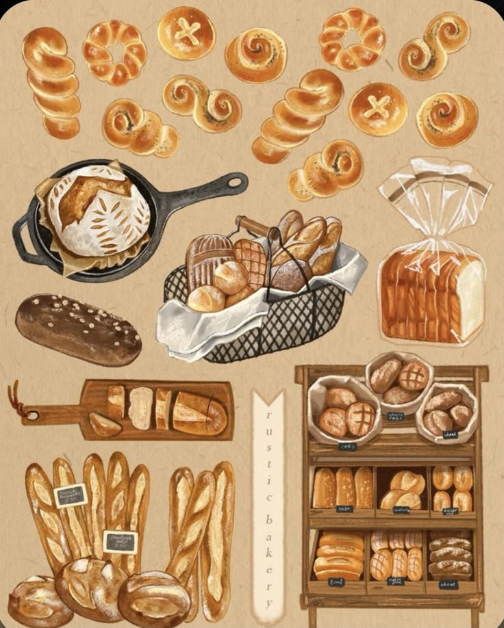 an illustration of breads and pastries on display