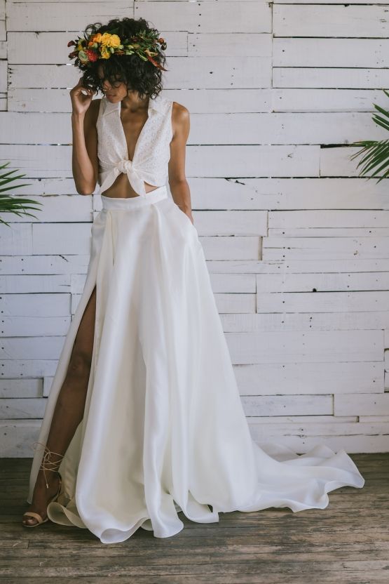 This tropical Brooklyn photoshoot is why we love bridal separates so much! | Crop top wedding dress, Tropical wedding dresses, Bridal separates