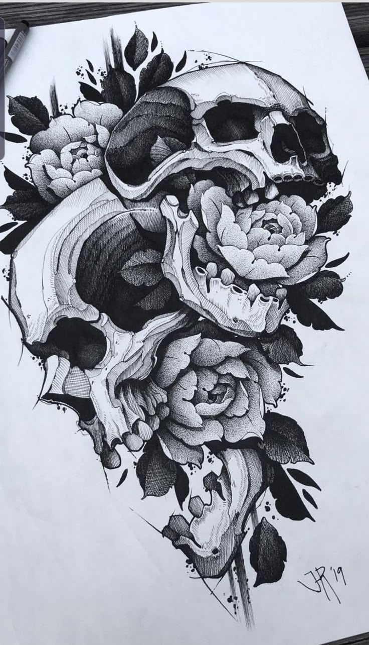 a drawing of a skull with flowers on it