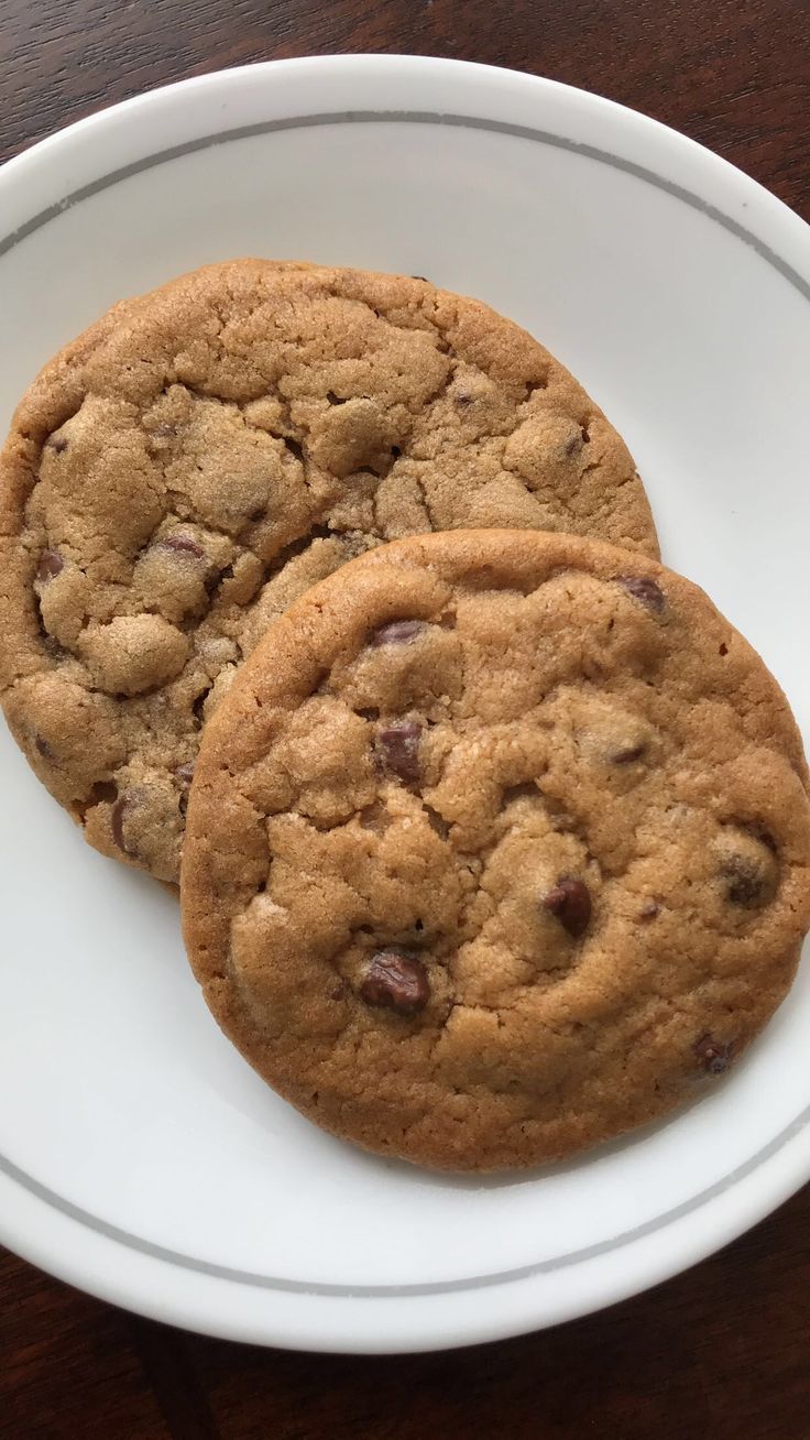 two chocolate chip cookies on a white plate