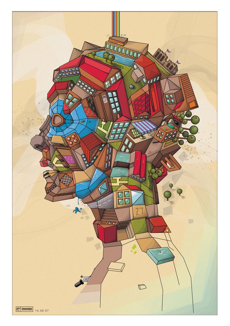 a drawing of a person's head made up of buildings