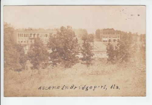 an old black and white photo with trees in the foreground, buildings in the background