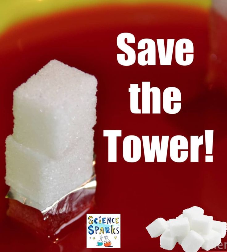 some sugar cubes are sitting on top of a red bowl with the words save the tower above it