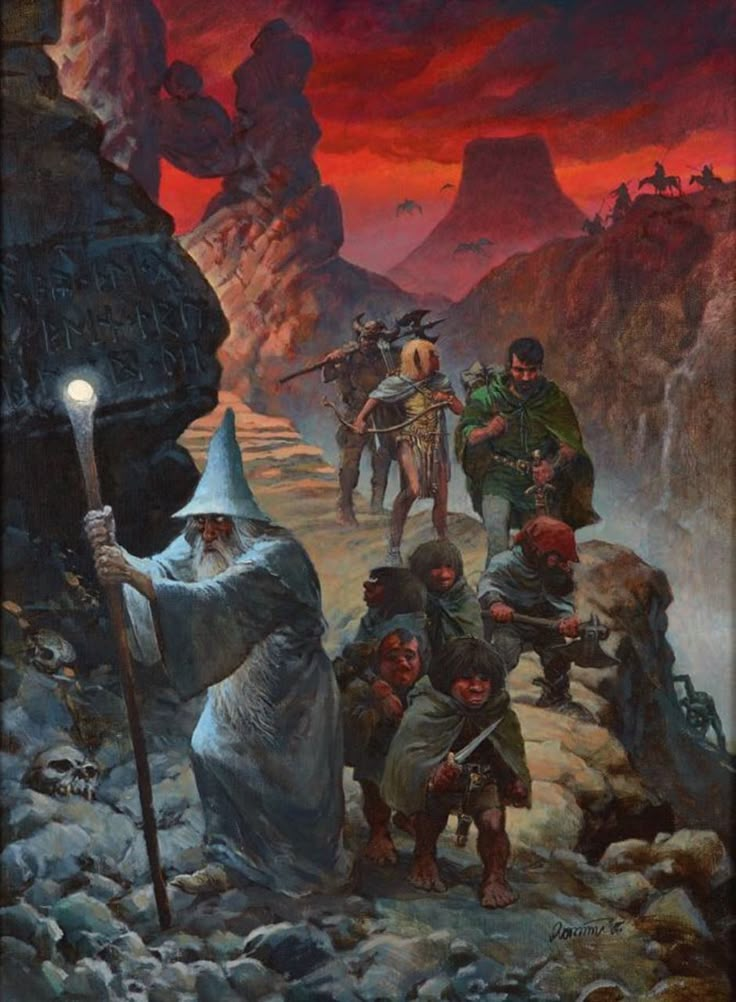 a painting of some people walking up a hill with one person holding a staff and the other