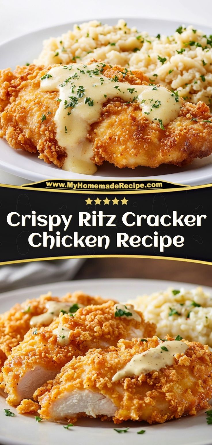 crispy ritz cracker chicken recipe on a plate with mashed potatoes and parmesan cheese