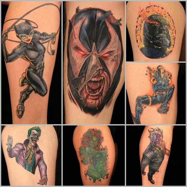 many different tattoos on the arms of people with batman and wolverine characters painted on them