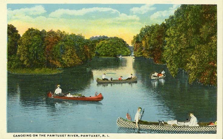 an old postcard shows people in canoes on the river, surrounded by trees