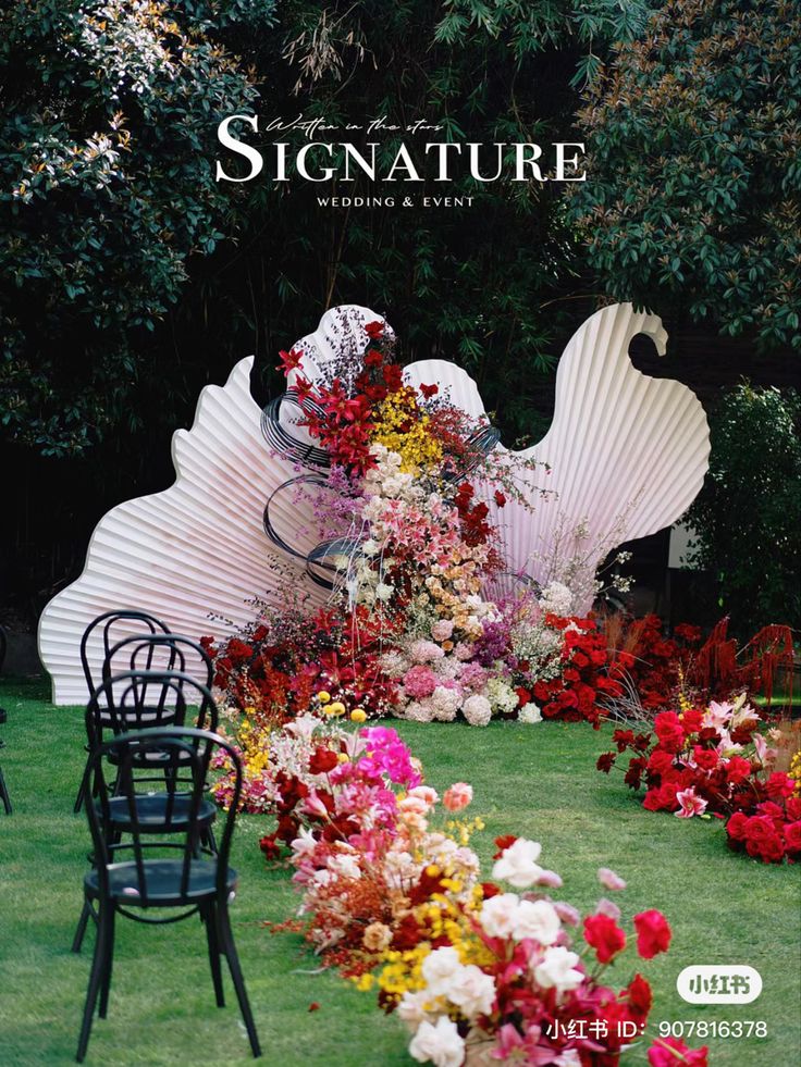 the front cover of a magazine with flowers and chairs in it, along with an image of large seashells