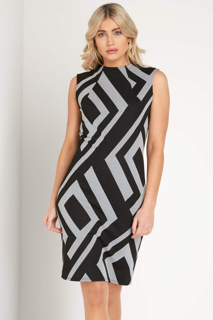 Geometric Print Jersey Dress - Free UK Delivery - 10 12 14 16 18 20 - Give your office to evening transition a sophisticated edge with this design. Feauturing a geometric print and finished with a high neckline, this tailored dress will look perfect with low pointed heels and a black blazer for a powerful look. - Romanoriginals.co.uk Grey Jersey Dress Outfit, Jersey Dress Outfit, Grey Jersey Dress, Roman Dress, Silver Cocktail Dress, Dress Geometric, Printed Jersey Dress, Dresses Australia, Geometric Dress