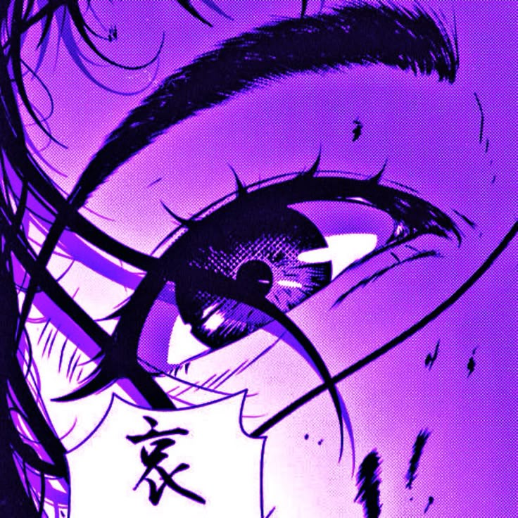 an anime character with long hair and big eyes looking into the distance in front of purple background