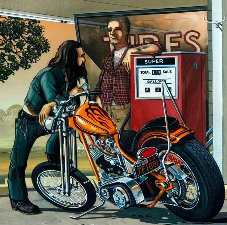 a painting of a man standing next to a motorcycle