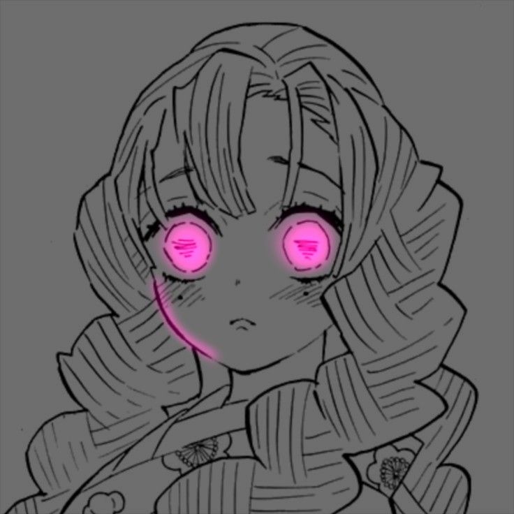 a drawing of a girl with pink eyes